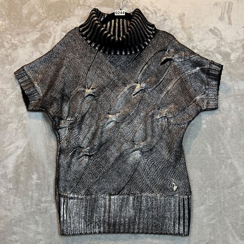 Vintage Baby Phat Mock Neck Silver‎ Metallic Short Sleeve Sweater Women's XL